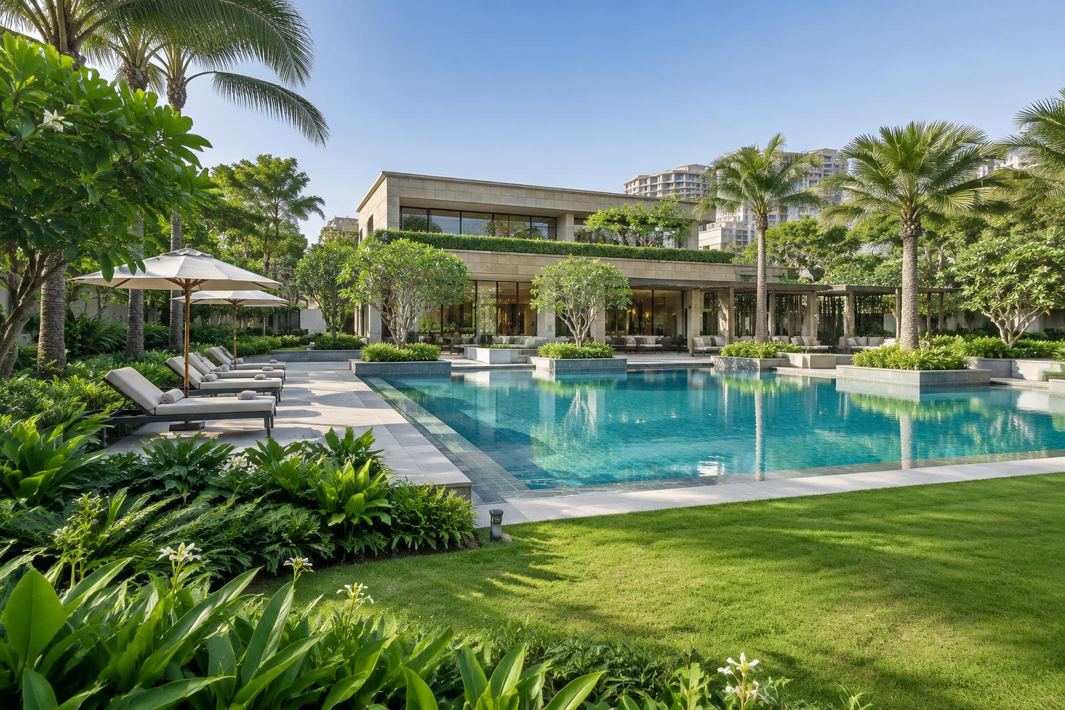 Illustrative landscaped clubhouse and pool